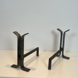 Pair of Modernist Steel Andirons with Bifurcated Upright, French circa 1970