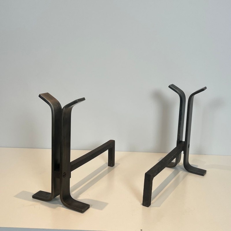 Pair of Modernist Steel Andirons with Bifurcated Upright, French circa 1970