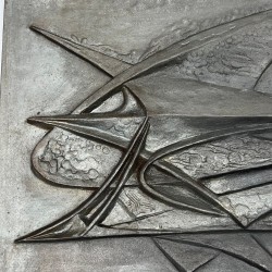 Modernist Cast Iron Fireback with Abstract Bird Motif, Signed, Foundry Stern, circa 1950