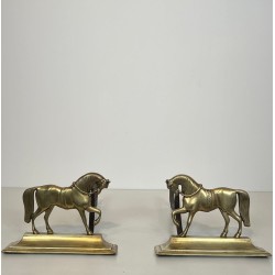 Paire de Chenets en Bronze aux Chevaux en Ronde-Bosse sur Socle Plat, vers 1920