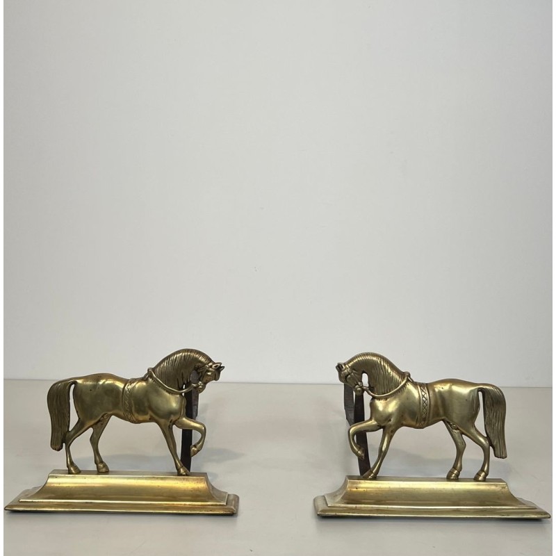 Paire de Chenets en Bronze aux Chevaux en Ronde-Bosse sur Socle Plat, vers 1920