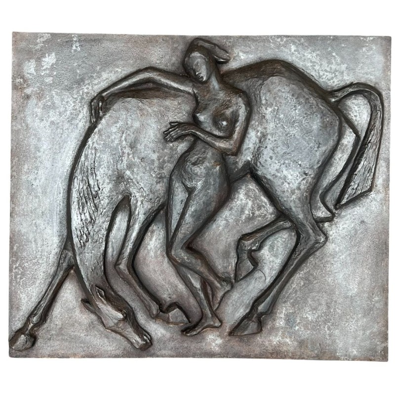 Grande Plaque de Cheminée en Fonte, Femme Nue et Cheval, Style Art Déco, vers 1970