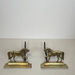 Pair of Bronze Full-Figure Horse Andirons on Flat Plinths, French circa 1920