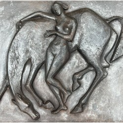 Large Cast Iron Fireback with Nude Woman and Horse, Art Deco Style, French circa 1970