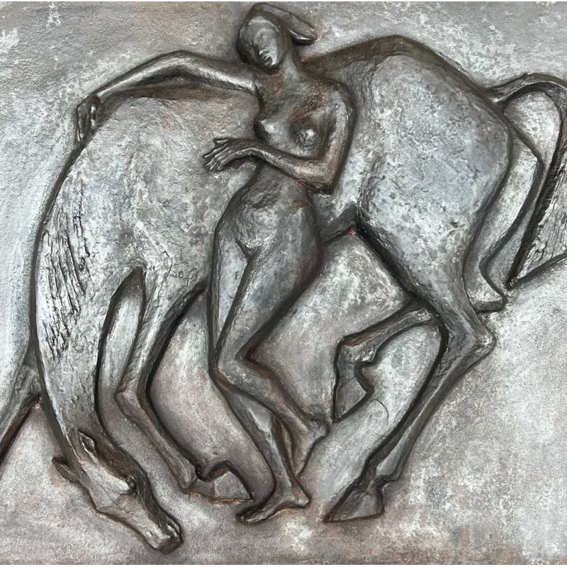 Grande Plaque de Cheminée en Fonte, Femme Nue et Cheval, Style Art Déco, vers 1970