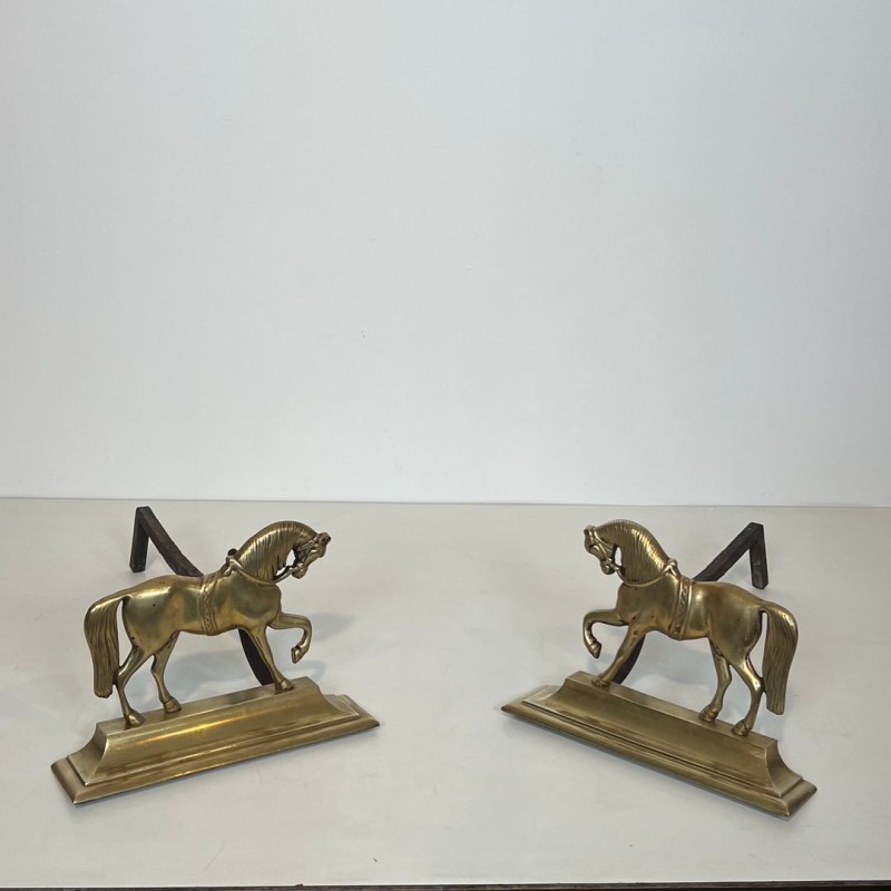 Paire de Chenets en Bronze aux Chevaux en Ronde-Bosse sur Socle Plat, vers 1920