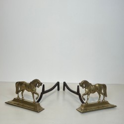 Paire de Chenets en Bronze aux Chevaux en Ronde-Bosse sur Socle Plat, vers 1920