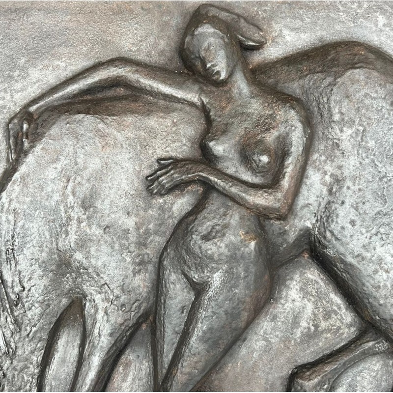 Grande Plaque de Cheminée en Fonte, Femme Nue et Cheval, Style Art Déco, vers 1970