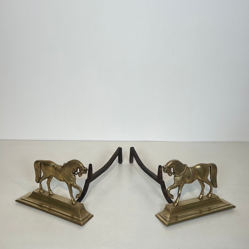 Pair of Bronze Full-Figure Horse Andirons on Flat Plinths, French circa 1920