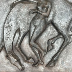 Large Cast Iron Fireback with Nude Woman and Horse, Art Deco Style, French circa 1970