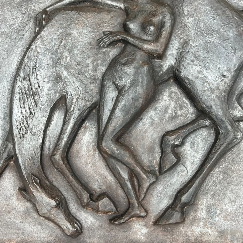 Large Cast Iron Fireback with Nude Woman and Horse, Art Deco Style, French circa 1970