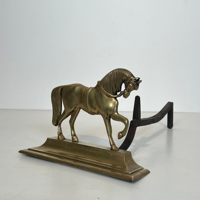 Pair of Bronze Full-Figure Horse Andirons on Flat Plinths, French circa 1920
