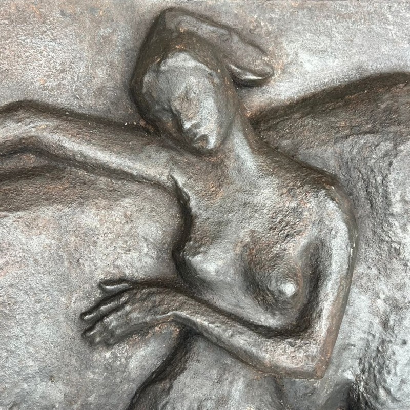 Large Cast Iron Fireback with Nude Woman and Horse, Art Deco Style, French circa 1970