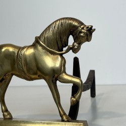 Paire de Chenets en Bronze aux Chevaux en Ronde-Bosse sur Socle Plat, vers 1920