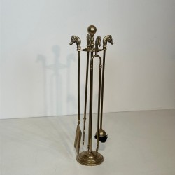 Nécessaire de Feu en Laiton à Têtes de Chevaux et Pied à Boule, Style Néoclassique, vers 1950