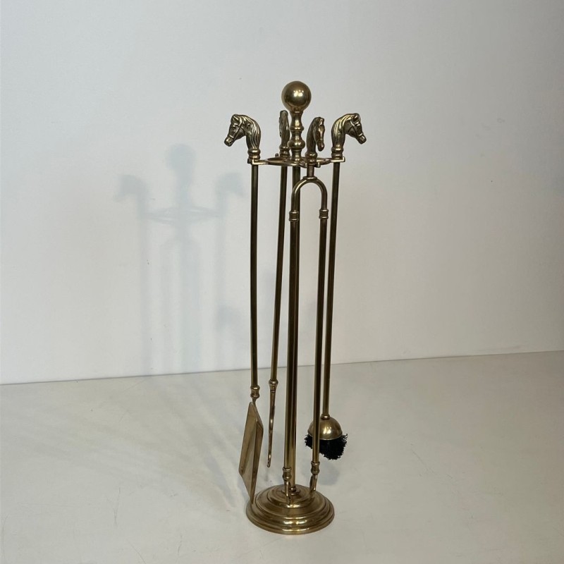 Neoclassical Brass Fireplace Companion Set with Horse Head Finials and Ball Finial Stand, circa 1950