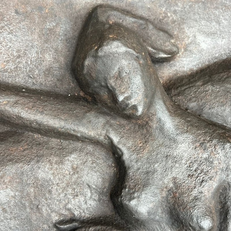 Large Cast Iron Fireback with Nude Woman and Horse, Art Deco Style, French circa 1970