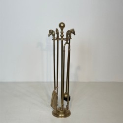 Neoclassical Brass Fireplace Companion Set with Horse Head Finials and Ball Finial Stand, circa 1950