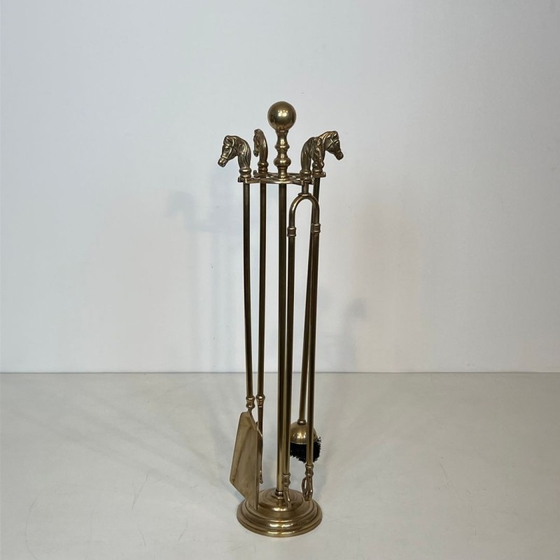 Neoclassical Brass Fireplace Companion Set with Horse Head Finials and Ball Finial Stand, circa 1950