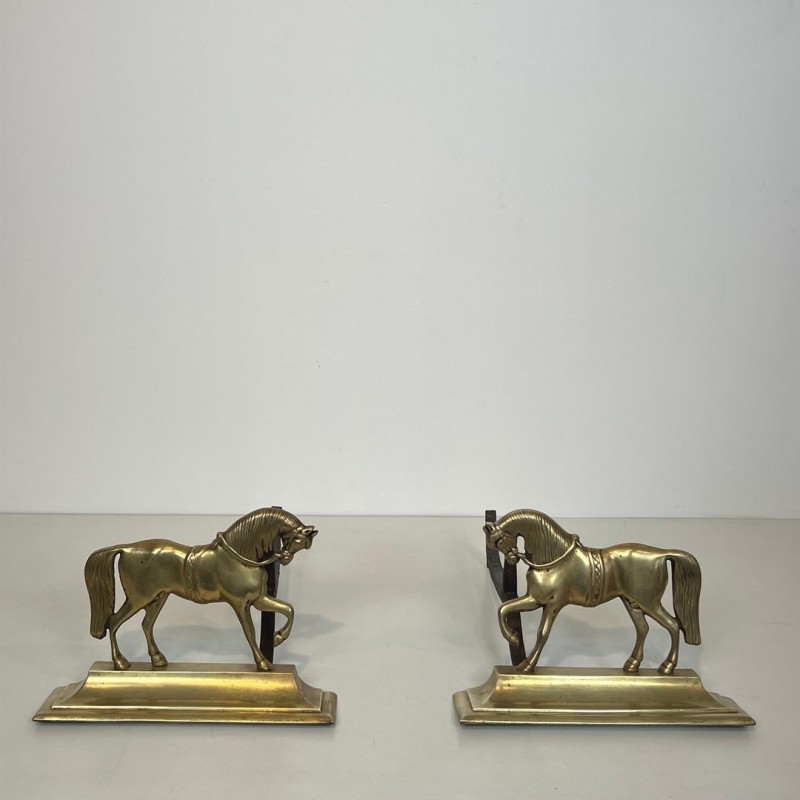Paire de Chenets en Bronze aux Chevaux en Ronde-Bosse sur Socle Plat, vers 1920