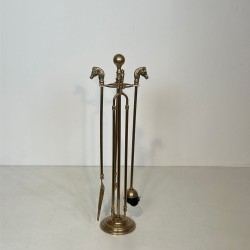 Neoclassical Brass Fireplace Companion Set with Horse Head Finials and Ball Finial Stand, circa 1950