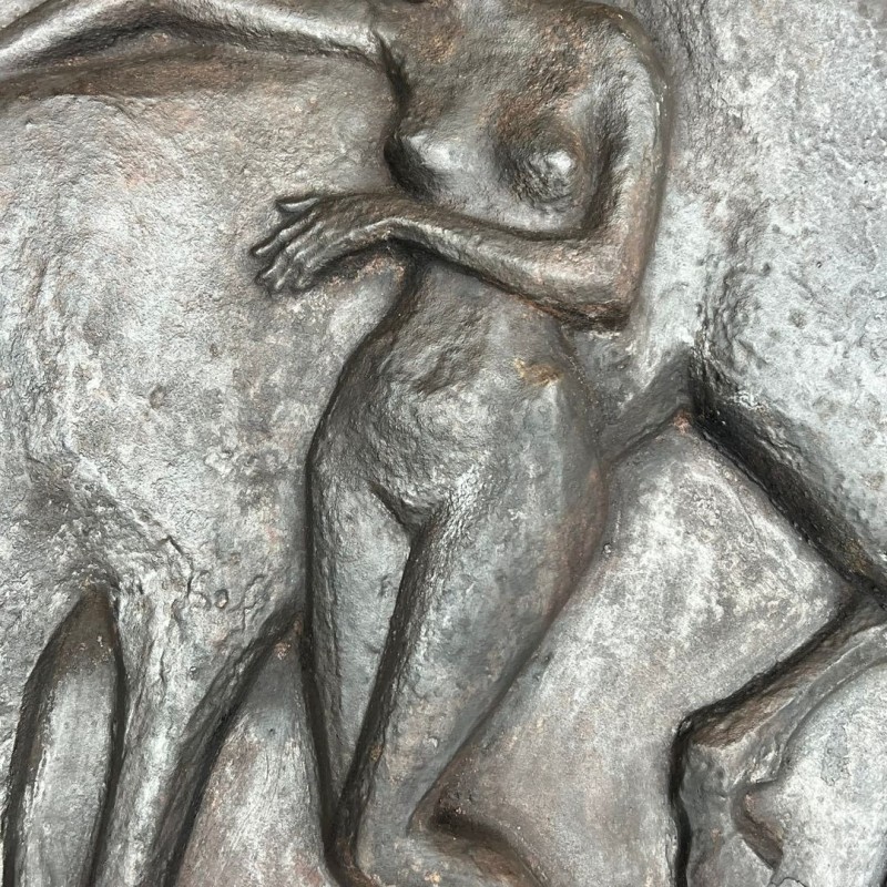 Large Cast Iron Fireback with Nude Woman and Horse, Art Deco Style, French circa 1970