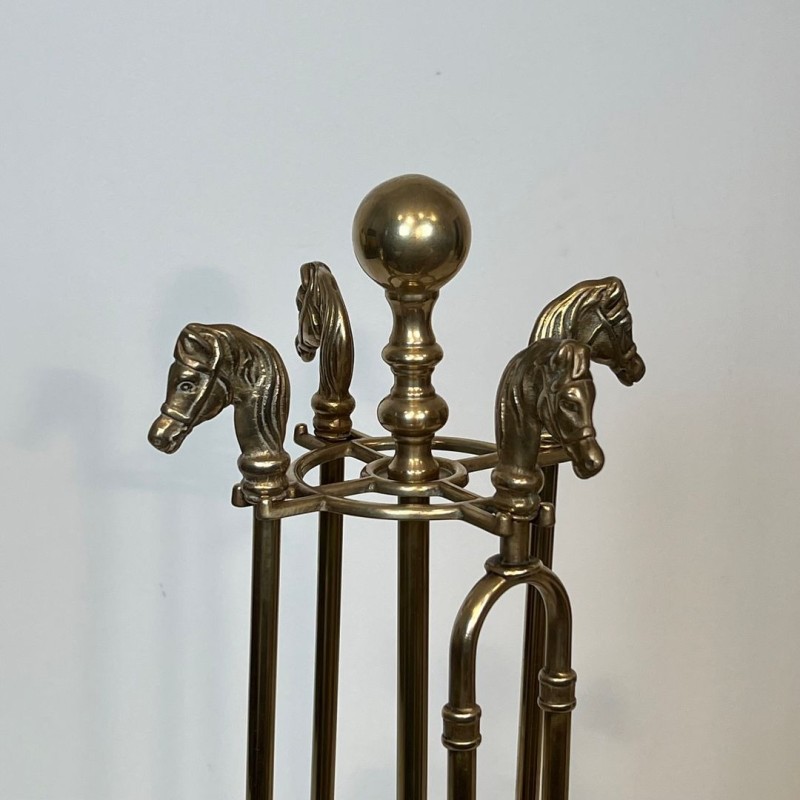 Neoclassical Brass Fireplace Companion Set with Horse Head Finials and Ball Finial Stand, circa 1950