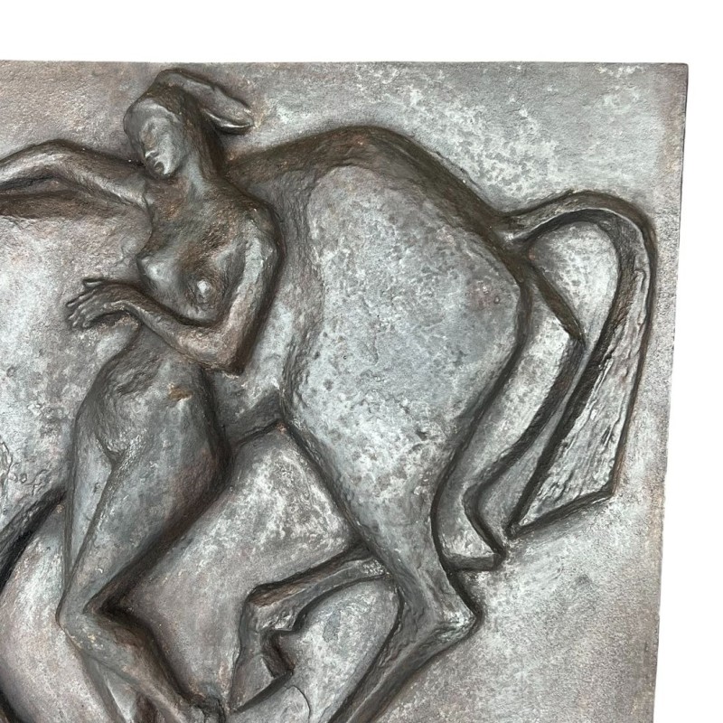 Large Cast Iron Fireback with Nude Woman and Horse, Art Deco Style, French circa 1970