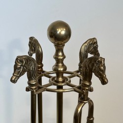 Neoclassical Brass Fireplace Companion Set with Horse Head Finials and Ball Finial Stand, circa 1950