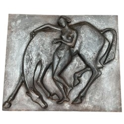 Grande Plaque de Cheminée en Fonte, Femme Nue et Cheval, Style Art Déco, vers 1970
