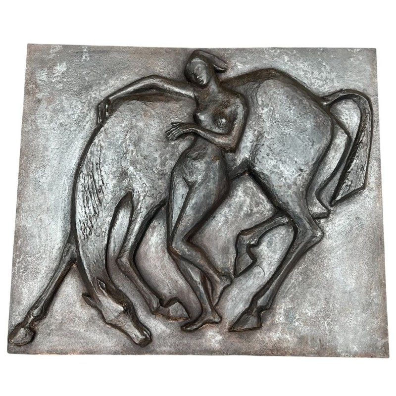 Grande Plaque de Cheminée en Fonte, Femme Nue et Cheval, Style Art Déco, vers 1970