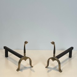 Pair of Brass Duck Andirons in the Style of Maison Jansen, French circa 1970