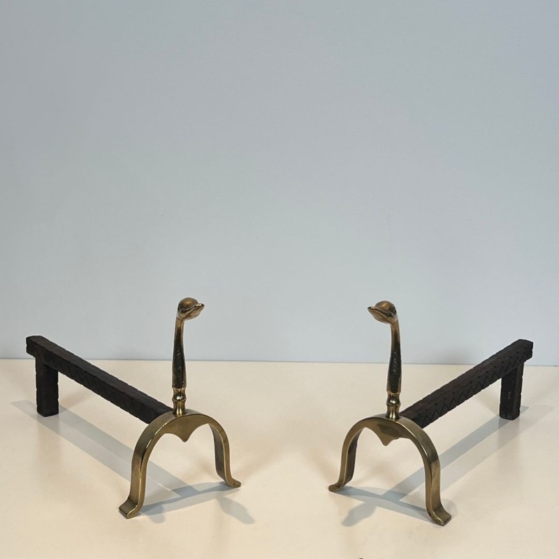 Pair of Brass Duck Andirons in the Style of Maison Jansen, French circa 1970