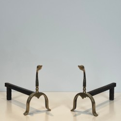 Pair of Brass Duck Andirons in the Style of Maison Jansen, French circa 1970