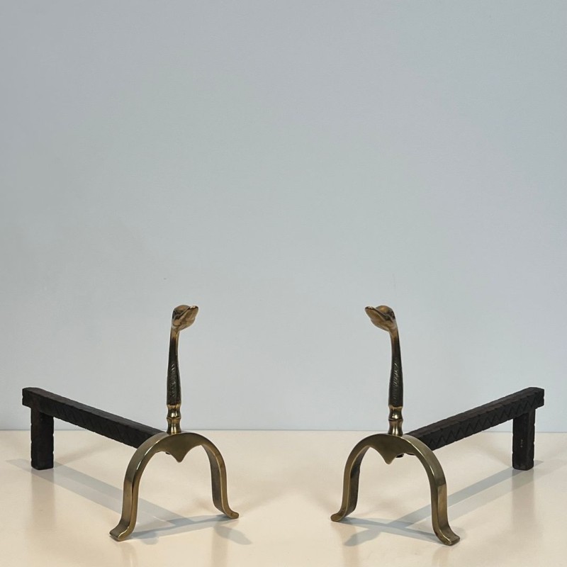 Pair of Brass Duck Andirons in the Style of Maison Jansen, French circa 1970