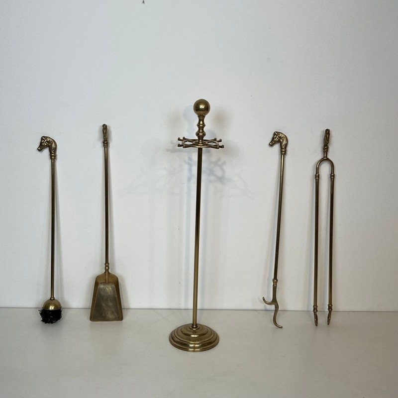 Neoclassical Brass Fireplace Companion Set with Horse Head Finials and Ball Finial Stand, circa 1950