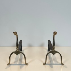 Pair of Brass Duck Andirons in the Style of Maison Jansen, French circa 1970