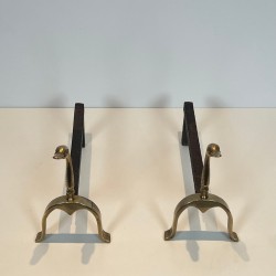 Pair of Brass Duck Andirons in the Style of Maison Jansen, French circa 1970