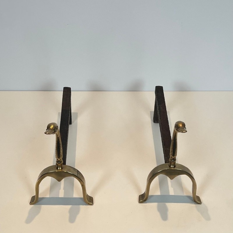 Pair of Brass Duck Andirons in the Style of Maison Jansen, French circa 1970