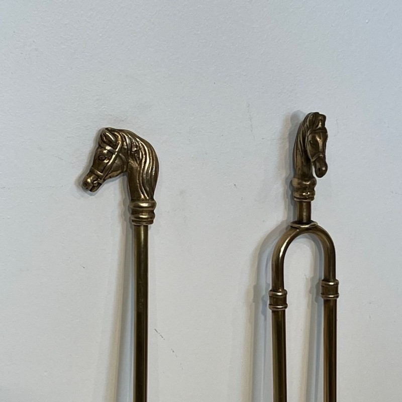 Nécessaire de Feu en Laiton à Têtes de Chevaux et Pied à Boule, Style Néoclassique, vers 1950