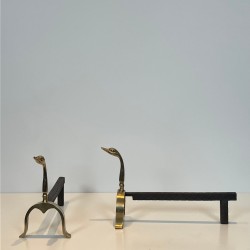 Paire de Chenets en Laiton Modèle Canard, dans le Goût de Maison Jansen, vers 1970