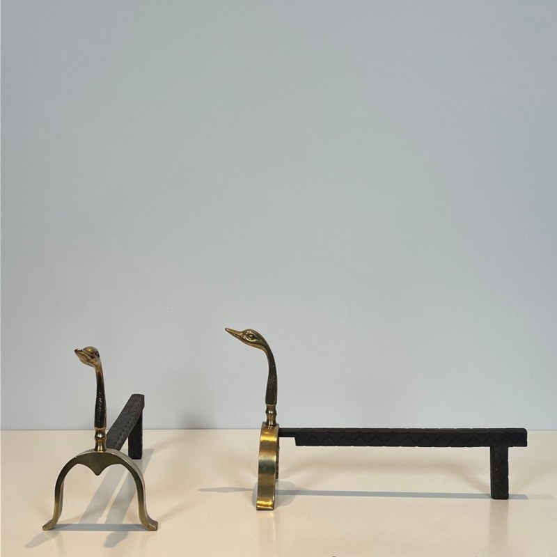 Pair of Brass Duck Andirons in the Style of Maison Jansen, French circa 1970