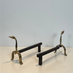 Pair of Brass Duck Andirons in the Style of Maison Jansen, French circa 1970