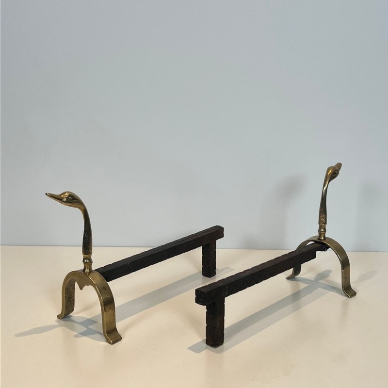 Pair of Brass Duck Andirons in the Style of Maison Jansen, French circa 1970