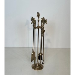 Neoclassical Brass Fireplace Companion Set with Horse Head Finials, French circa 1950