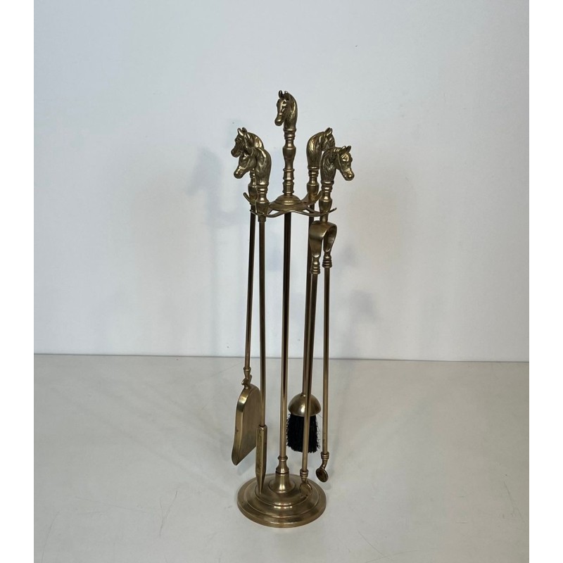 Neoclassical Brass Fireplace Companion Set with Horse Head Finials, French circa 1950