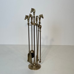 Neoclassical Brass Fireplace Companion Set with Horse Head Finials, French circa 1950
