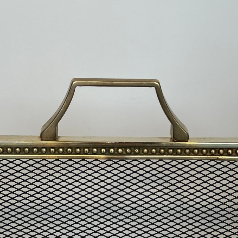 Louis XVI Style Brass Fireplace Screen with Mesh and Neoclassical Appliqués, Maison Jansen Style, circa 1940