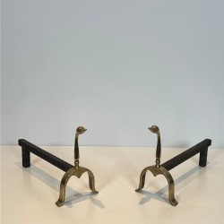 Pair of Brass Duck Andirons in the Style of Maison Jansen, French circa 1970