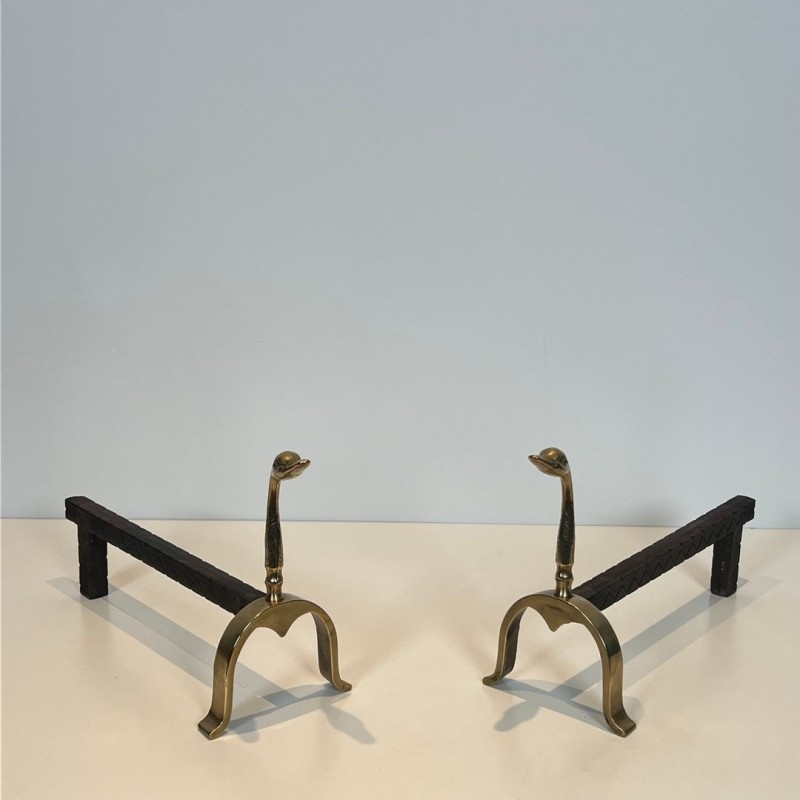 Pair of Brass Duck Andirons in the Style of Maison Jansen, French circa 1970